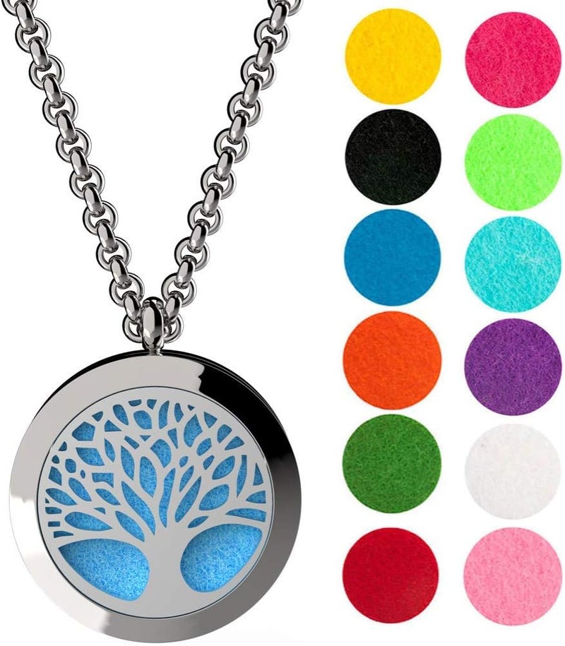mEssentials Wild Essentials Tree of Life Essential Oil Diffuser Necklace, Stainless Steel Locket Pendant with 24 inch Chain, 12 Color Refill Pads, Customizable Color Changing Perfume Jewelry for Aromatherapy 