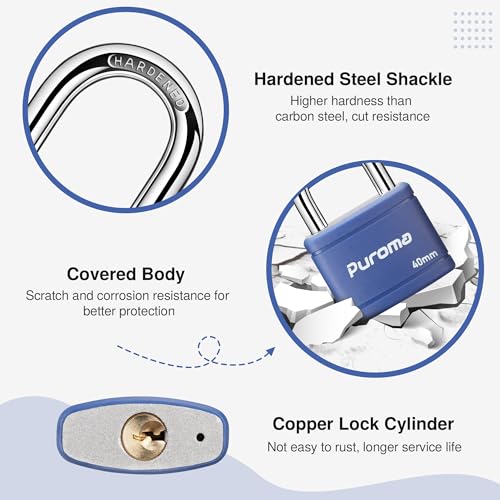 Puroma Keyed Padlock with 2 Keys Alike, 7/8 Inch Locker Lock 40mm Heavy-Duty Locks for Gate Fence Hasp Cabinet Toolbox School Gym Locker (Blue) - Image 3