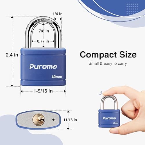 Puroma Keyed Padlock with 2 Keys Alike, 7/8 Inch Locker Lock 40mm Heavy-Duty Locks for Gate Fence Hasp Cabinet Toolbox School Gym Locker (Blue) - Image 2