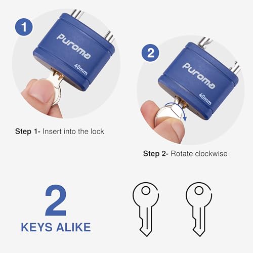 Puroma Keyed Padlock with 2 Keys Alike, 7/8 Inch Locker Lock 40mm Heavy-Duty Locks for Gate Fence Hasp Cabinet Toolbox School Gym Locker (Blue) - Image 4