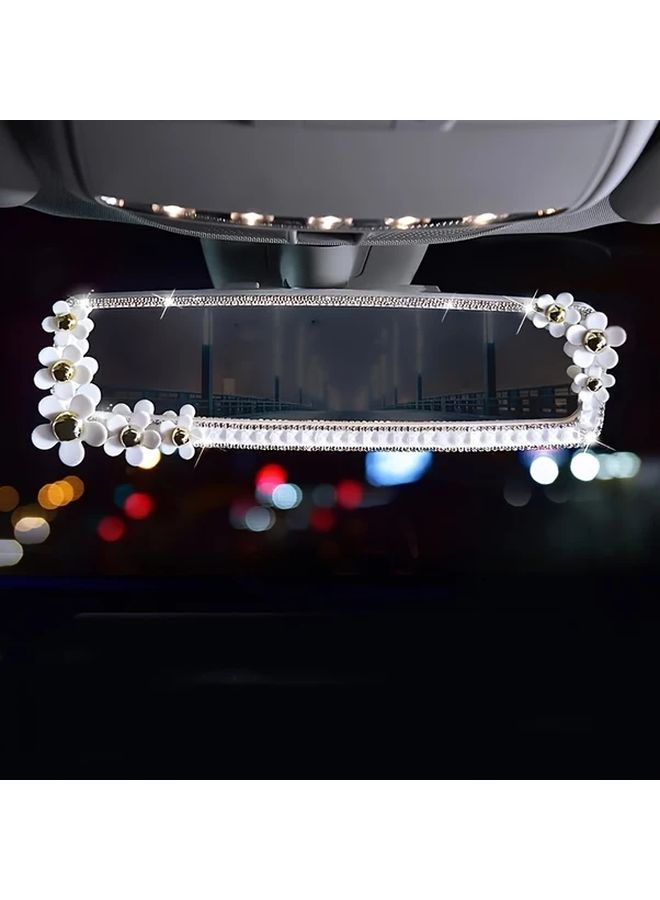 White Elegant Floral Rhinestone Car Rearview Mirror Universal ABS Mirror Accessory - Image 2
