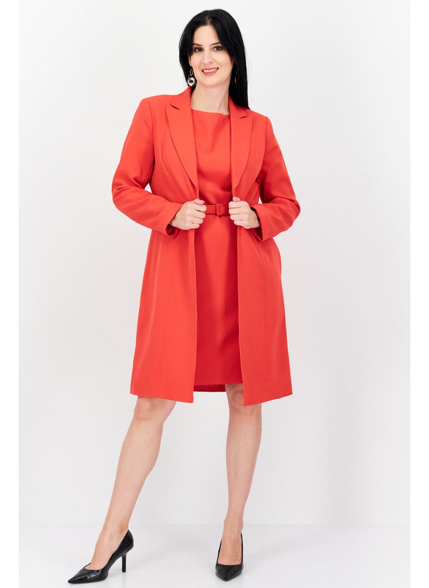 Nipon Boutique Women 2 In 1 Solid Blazer And Belted Midi Dress Set, Red  - Image 1