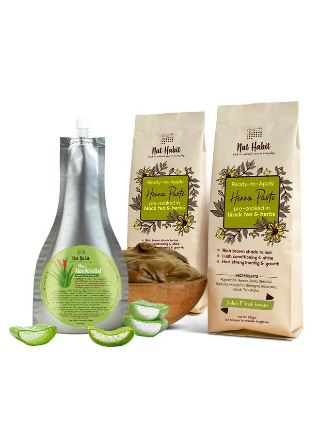 Nat Habit Ready-To-Apply Henna Paste & Pure Aloe Vera Gel The Ideal Combo For Conditioned Hair, Dandruff-Free, Healthy Scalp & Hair Fall With Rich Dark Brown Color (Combo Pack Of 3)  - Image 1