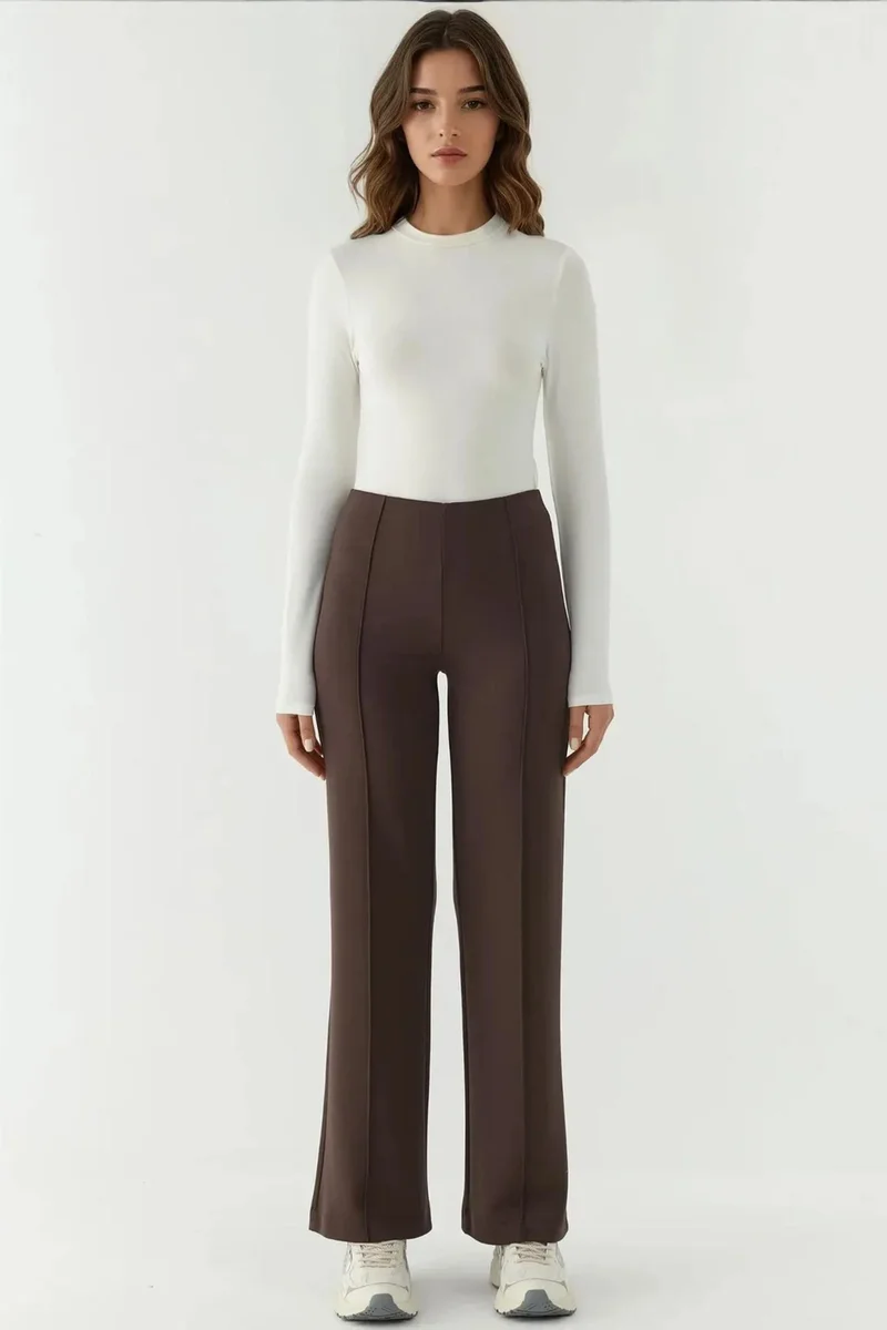 Hiccup Coffee Brown Modal Touch Rib Detailed Wide Leg Pants for Women | Best Price UAE
