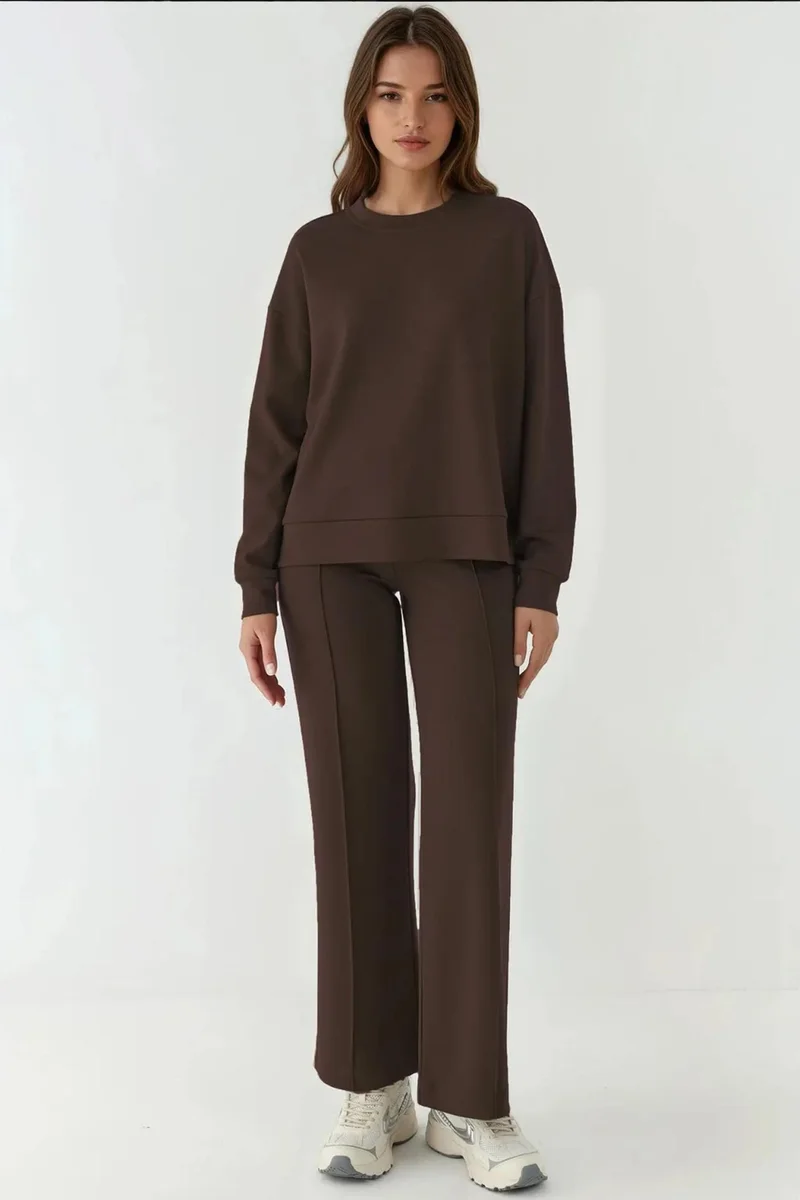Hiccup Coffee Brown Modal Touch Rib Detailed Wide Leg Pants for Women | Best Price UAE