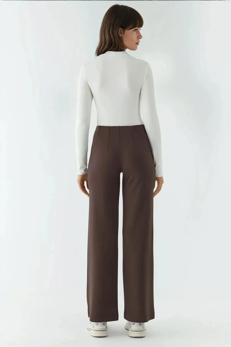 Hiccup Coffee Brown Modal Touch Rib Detailed Wide Leg Pants for Women | Best Price UAE