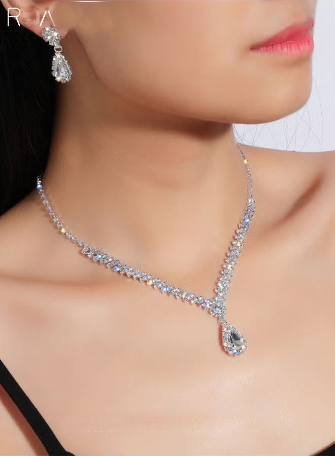 3 Pcs Rhinestone Necklace Earrings Set Drop-Shaped Pendant V-Neck Chain Ear Dangle Bridal Evening Dress Accessories for Women - Image 1