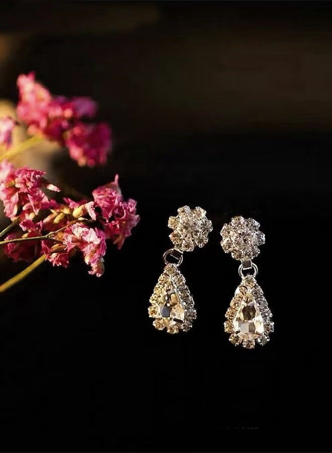 3 Pcs Rhinestone Necklace Earrings Set Drop-Shaped Pendant V-Neck Chain Ear Dangle Bridal Evening Dress Accessories for Women - Image 2