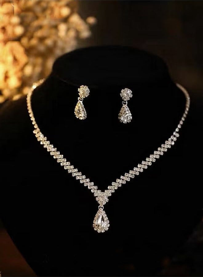 3 Pcs Rhinestone Necklace Earrings Set Drop-Shaped Pendant V-Neck Chain Ear Dangle Bridal Evening Dress Accessories for Women - Image 3