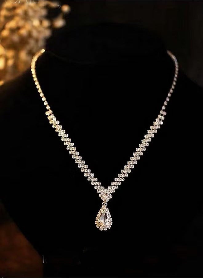 3 Pcs Rhinestone Necklace Earrings Set Drop-Shaped Pendant V-Neck Chain Ear Dangle Bridal Evening Dress Accessories for Women - Image 4