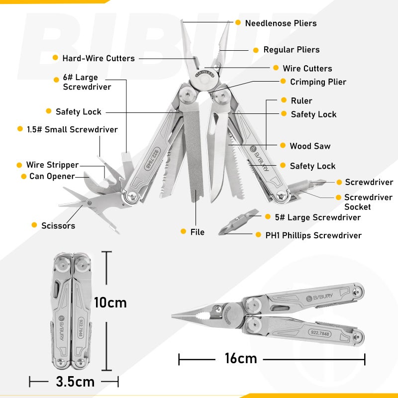 BIBURY أدوات متعددة BIBURY، أداة متعددة قابلة للطي، كماشة من الفولاذ المقاوم للصدأ مع حقيبة نايلون، مثالية للتخييم، في الهواء الطلق، الإصلاح، المشي - هدية للأب أو الرجال - Image 2