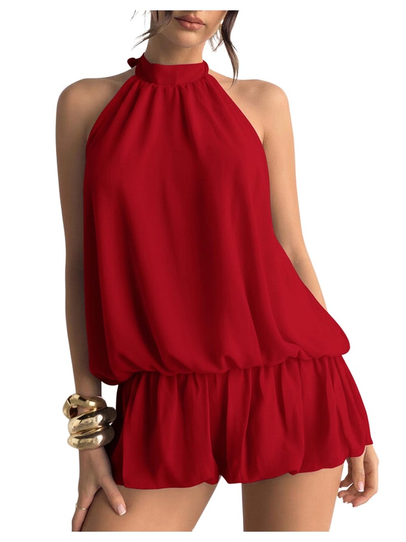 Floerns Women's Y2k Summer Halter Dress Tie Open Back Sleeveless Ruffle Hem Bubble Going Out Mini Dresses Red Small - Image 1