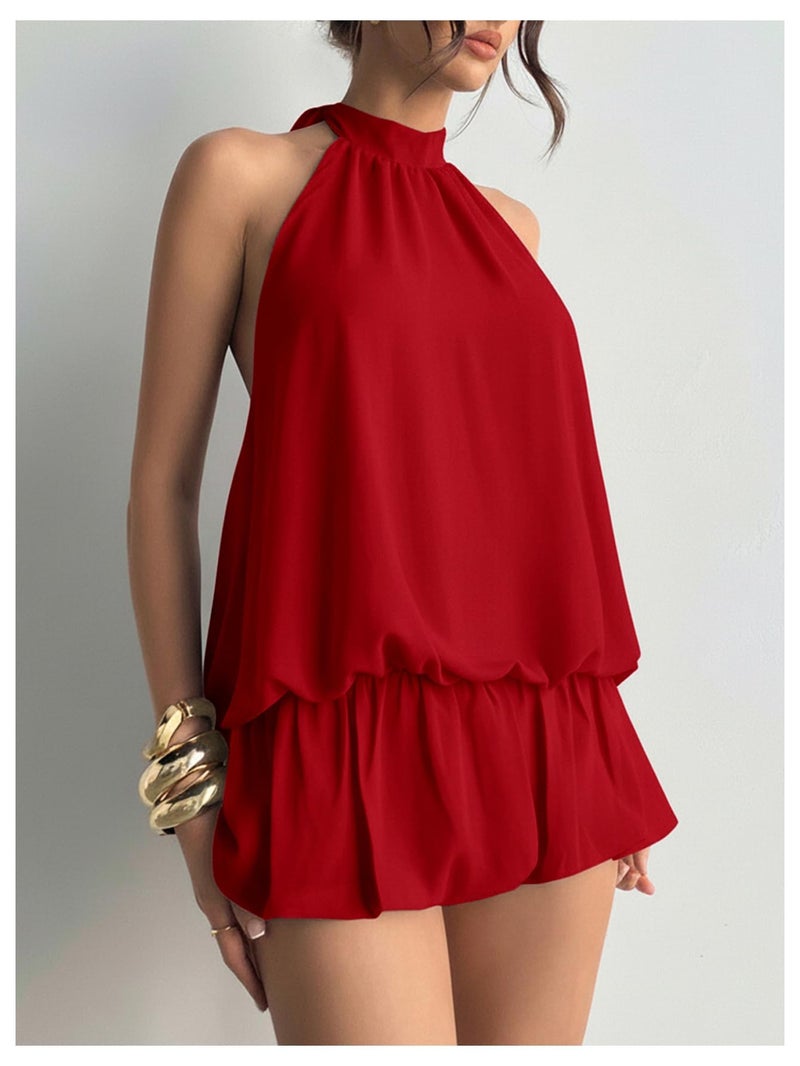 Floerns Women's Y2k Summer Halter Dress Tie Open Back Sleeveless Ruffle Hem Bubble Going Out Mini Dresses Red Small - Image 4