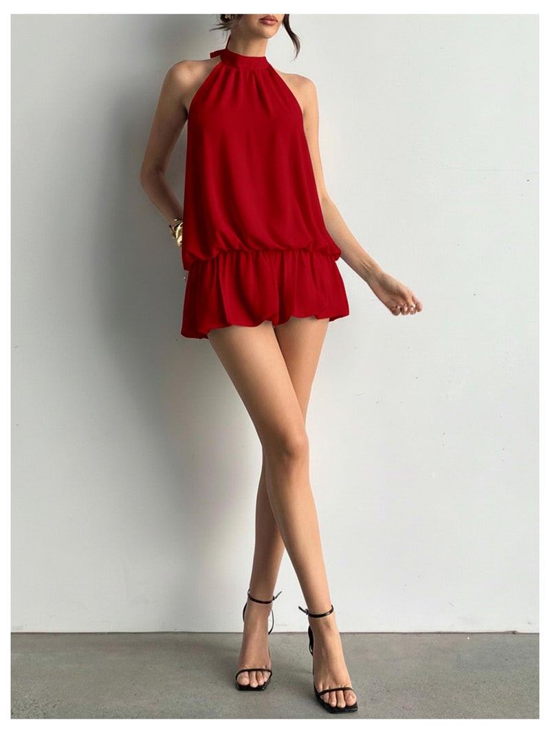 Floerns Women's Y2k Summer Halter Dress Tie Open Back Sleeveless Ruffle Hem Bubble Going Out Mini Dresses Red Small - Image 5