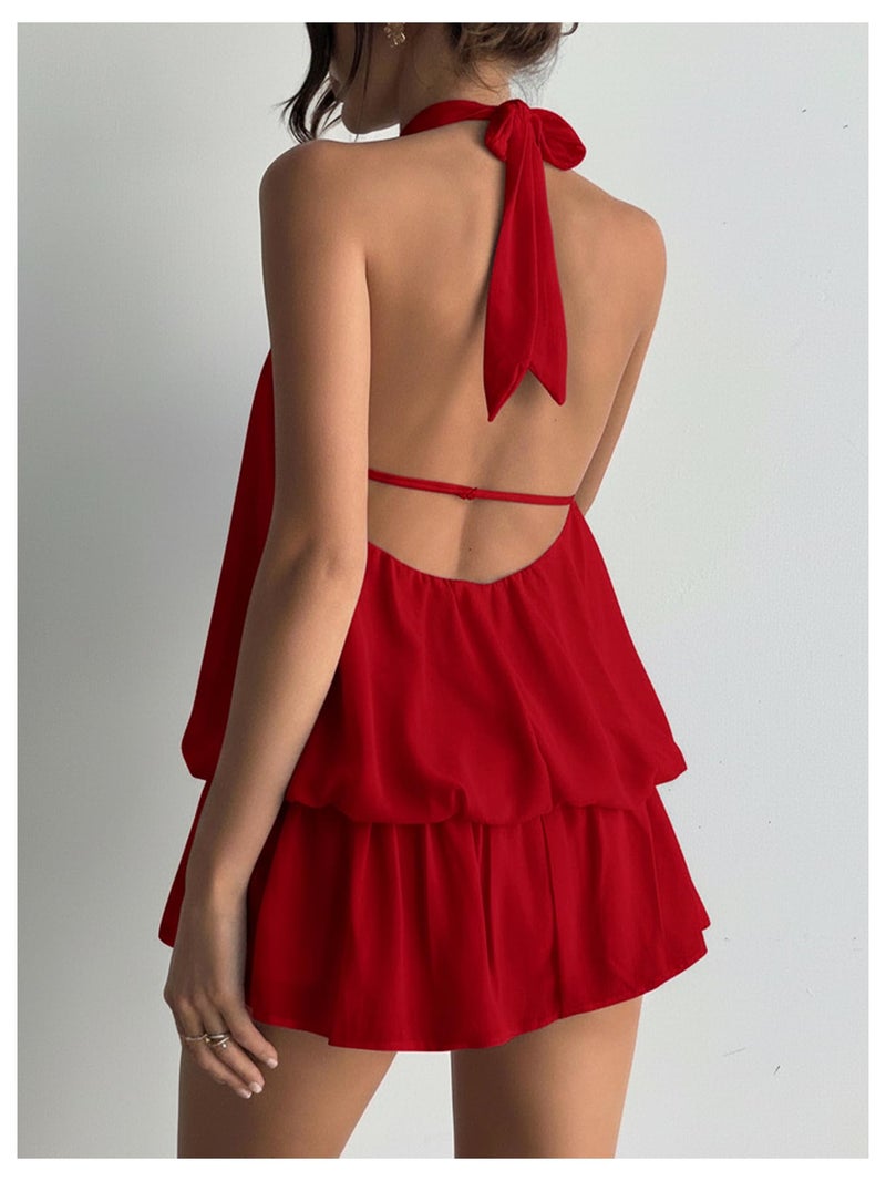 Floerns Women's Y2k Summer Halter Dress Tie Open Back Sleeveless Ruffle Hem Bubble Going Out Mini Dresses Red Small - Image 2