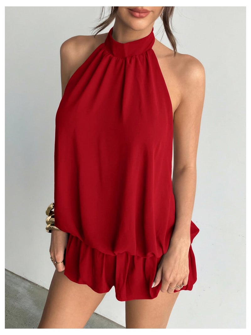 Floerns Women's Y2k Summer Halter Dress Tie Open Back Sleeveless Ruffle Hem Bubble Going Out Mini Dresses Red Small - Image 3