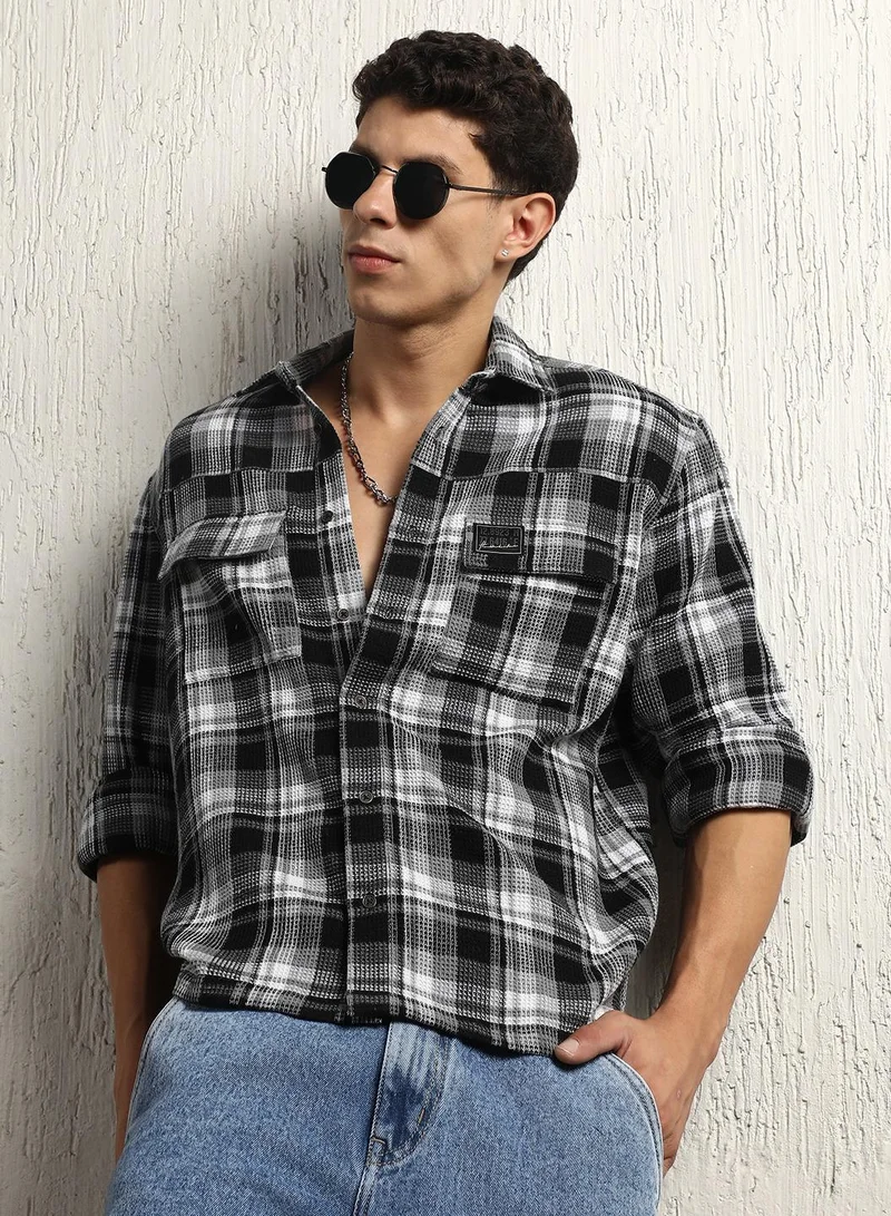 هوبرهولمي Men's Multicolour Cotton Blend Checkered Button Down Oversized Shirt