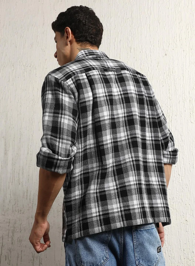 هوبرهولمي Men's Multicolour Cotton Blend Checkered Button Down Oversized Shirt