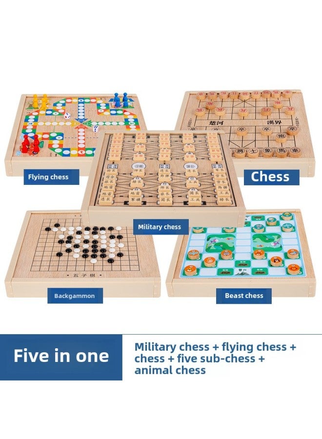 Ten-in-one Multi-functional Game Chess Checkers Flying Chess Backgammon Beasts Chess Children's Educational Wooden Toys For Students-Specifications:: Chess Box Five In One (Army + Fly + Elephant + Five + Bucket)  - Image 1