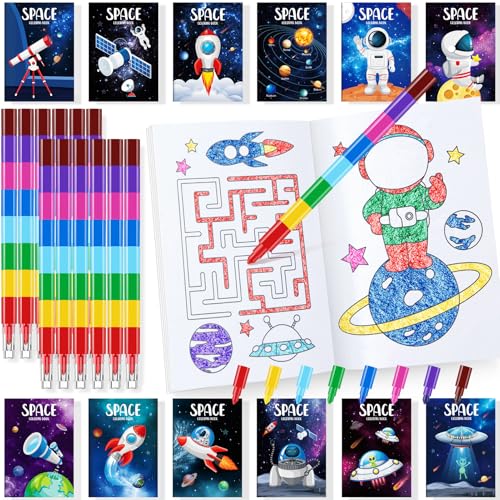 BenLouis 24 Outer Space Mini Coloring Books Kids with 24 Stacking Crayons Astronaut Party Favors Activity Books Bulk for Kids Solar System Galaxy Alien Goodie Bag Gift Stuffer Classroom Reward - Image 1