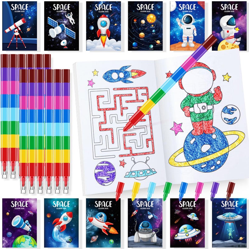 BenLouis 24 Outer Space Mini Coloring Books Kids with 24 Stacking Crayons Astronaut Party Favors Activity Books Bulk for Kids Solar System Galaxy Alien Goodie Bag Gift Stuffer Classroom Reward - Image 2