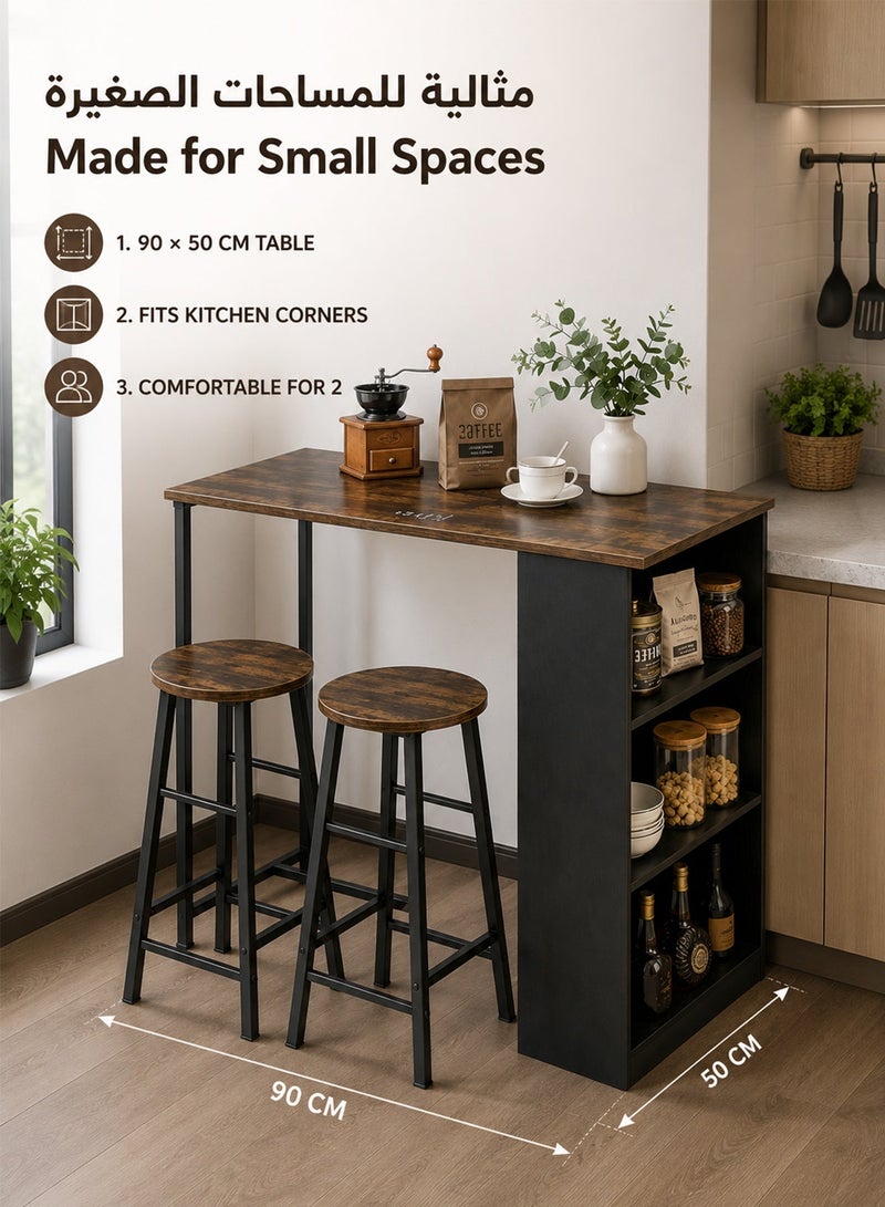 DESINO 3-Piece Counter Height Dining Set with Storage Shelves, 90×50×90cm Kitchen Breakfast Table with 2 Stools, Space-Saving Coffee Corner & Bar Table, Rustic Brown Wood-Look Top with Black Metal Frame, for Small Kitchen, Apartment & Studio - Image 3