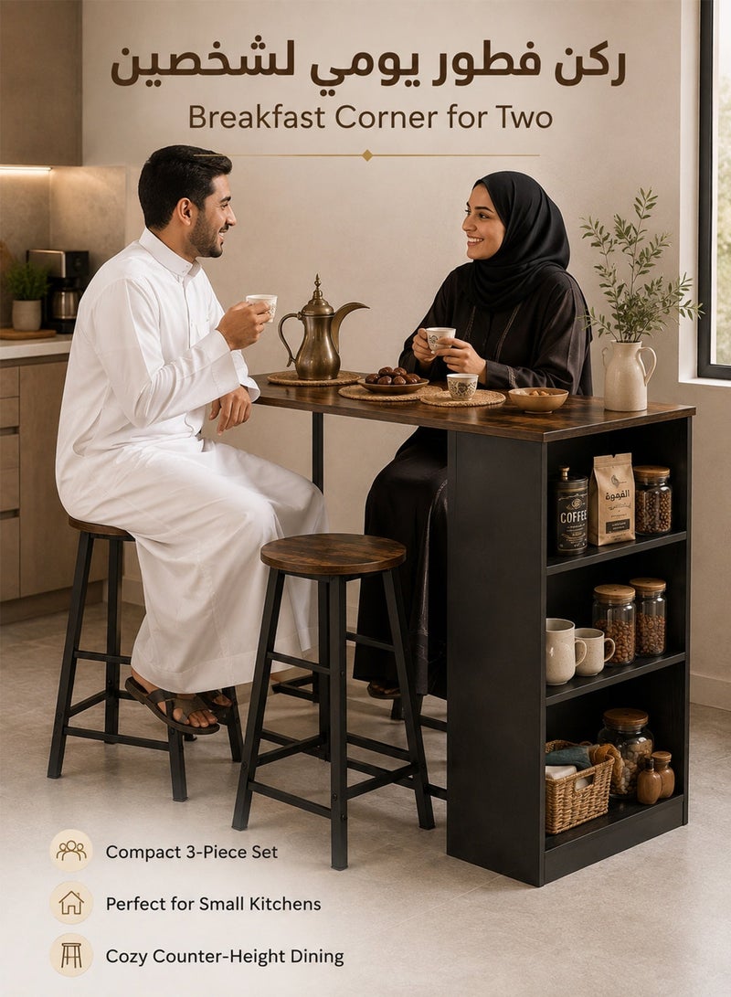 DESINO 3-Piece Counter Height Dining Set with Storage Shelves, 90×50×90cm Kitchen Breakfast Table with 2 Stools, Space-Saving Coffee Corner & Bar Table, Rustic Brown Wood-Look Top with Black Metal Frame, for Small Kitchen, Apartment & Studio - Image 5