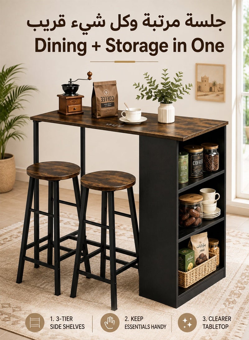 DESINO 3-Piece Counter Height Dining Set with Storage Shelves, 90×50×90cm Kitchen Breakfast Table with 2 Stools, Space-Saving Coffee Corner & Bar Table, Rustic Brown Wood-Look Top with Black Metal Frame, for Small Kitchen, Apartment & Studio - Image 2