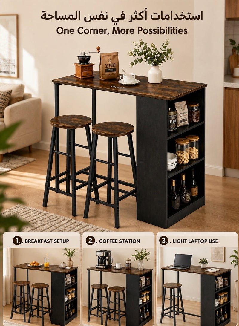 DESINO 3-Piece Counter Height Dining Set with Storage Shelves, 90×50×90cm Kitchen Breakfast Table with 2 Stools, Space-Saving Coffee Corner & Bar Table, Rustic Brown Wood-Look Top with Black Metal Frame, for Small Kitchen, Apartment & Studio - Image 4
