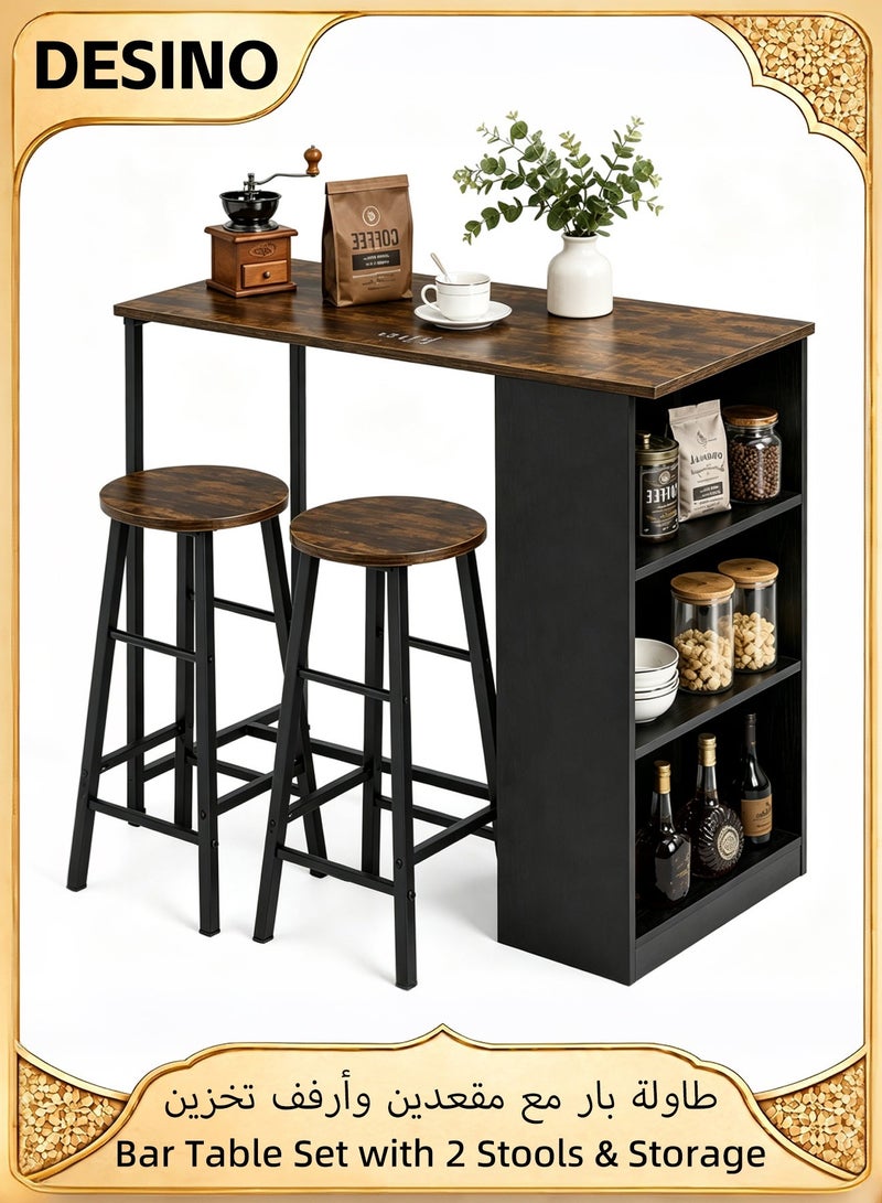 DESINO 3-Piece Counter Height Dining Set with Storage Shelves, 90×50×90cm Kitchen Breakfast Table with 2 Stools, Space-Saving Coffee Corner & Bar Table, Rustic Brown Wood-Look Top with Black Metal Frame, for Small Kitchen, Apartment & Studio - Image 1