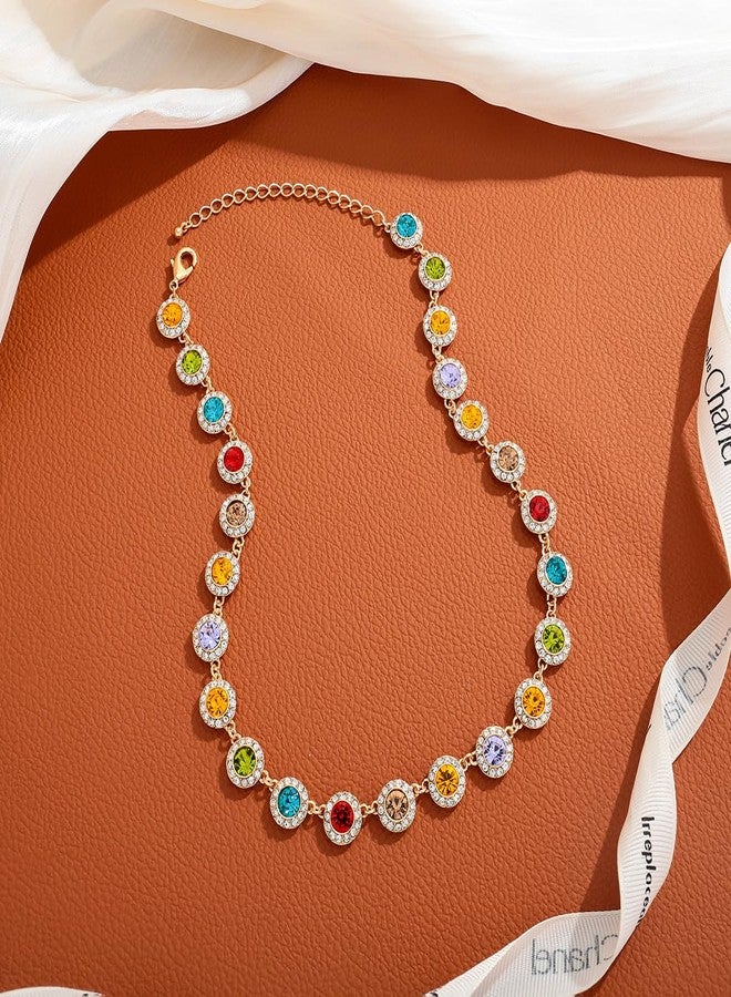ليلي آند وايت قلادات ليلي آند وايت الذهبية المرصعة بأحجار الراين الملونة للنساء، قلادات تشوكر عصرية بسلسلة، قلادة قوس قزح متعددة الألوان مرصعة بالأحجار الكريمة، قلادة خرز، قلادة مميزة، هدية مجوهرات - Image 5