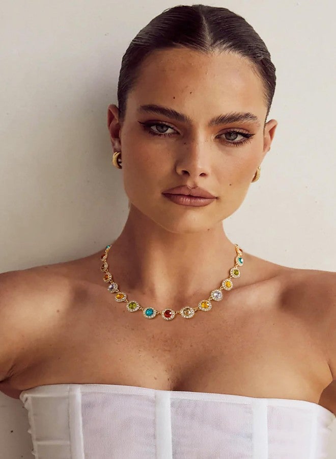 ليلي آند وايت قلادات ليلي آند وايت الذهبية المرصعة بأحجار الراين الملونة للنساء، قلادات تشوكر عصرية بسلسلة، قلادة قوس قزح متعددة الألوان مرصعة بالأحجار الكريمة، قلادة خرز، قلادة مميزة، هدية مجوهرات - Image 3