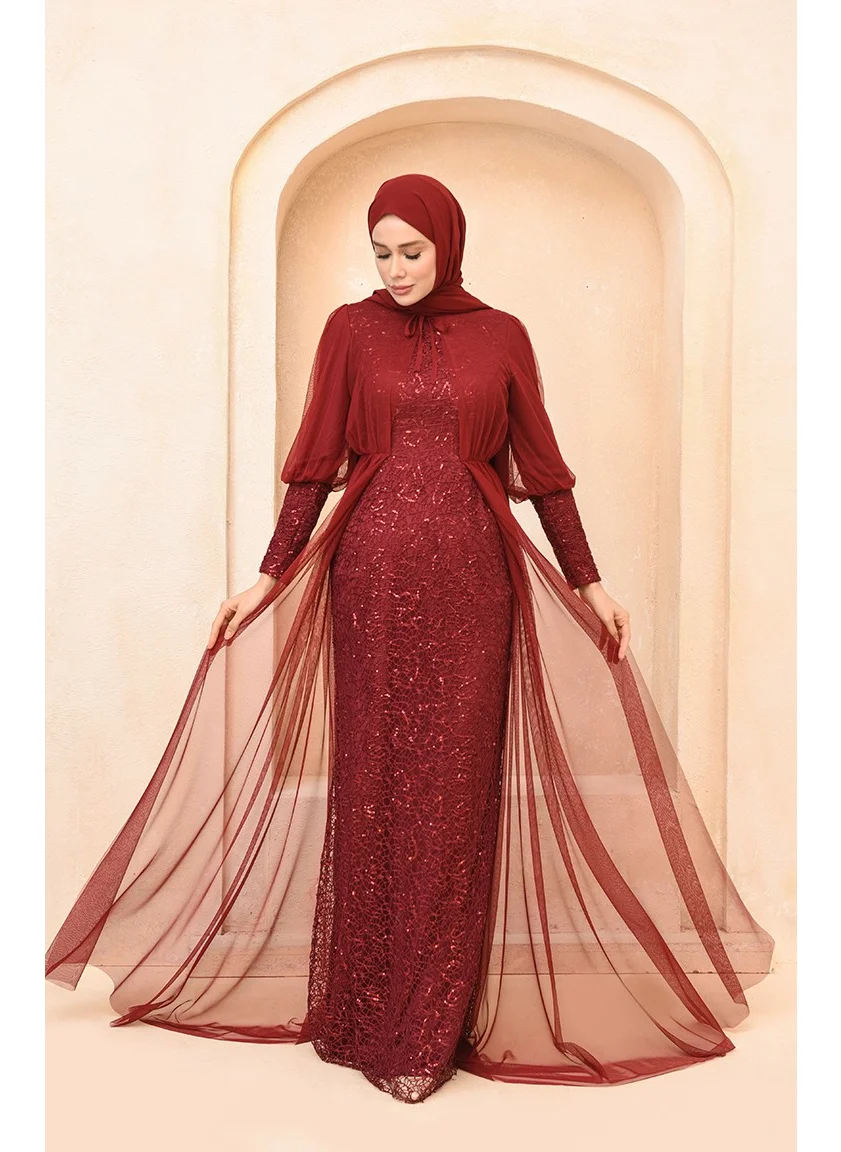 Sefa Merve Sequined Evening Dress 5346-18 Claret Red