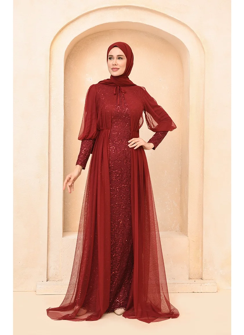 Sefa Merve Sequined Evening Dress 5346-18 Claret Red