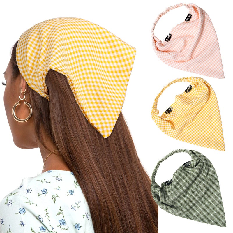 AWAYTR 3PCS Chiffon Floral Print Hair Scarf Headband with Hair Clip Kerchief Head Scarf Bandana for Women (Plaid, Green/Yellow/Pink) - Image 1