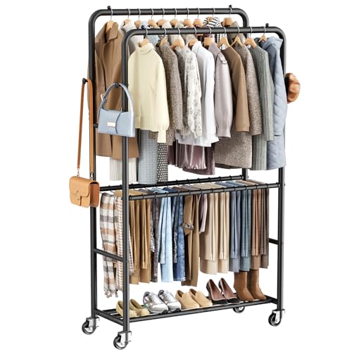 ZHKINGGS Clothes Racks for Hanging Clothes, Rolling Clothing Rack with Pants Rack, Side Hooks & Shoe Shelf, Portable Garment Rack for Bedroom, Laundry Room, Clothing Store, Closet, Black - Image 1