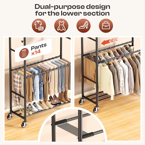 ZHKINGGS Clothes Racks for Hanging Clothes, Rolling Clothing Rack with Pants Rack, Side Hooks & Shoe Shelf, Portable Garment Rack for Bedroom, Laundry Room, Clothing Store, Closet, Black - Image 2