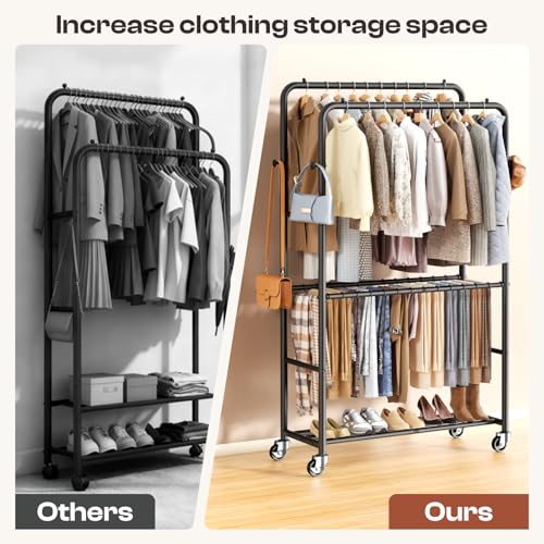 ZHKINGGS Clothes Racks for Hanging Clothes, Rolling Clothing Rack with Pants Rack, Side Hooks & Shoe Shelf, Portable Garment Rack for Bedroom, Laundry Room, Clothing Store, Closet, Black - Image 5