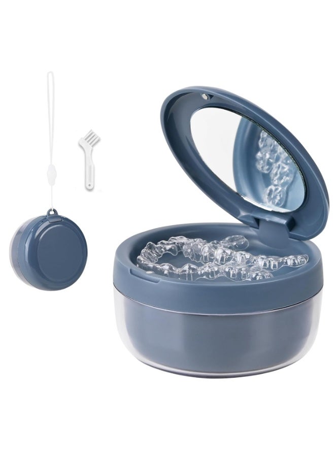 Denture Case, 2-in-1 Retainer Cleaner Case with Mirror & Strainer, Portable Aligner Bath Soaking Cup for Travel, Cute Orthodontic Storage Box for Mouth Guard, Night Guard & False Teeth, Blue - Image 1