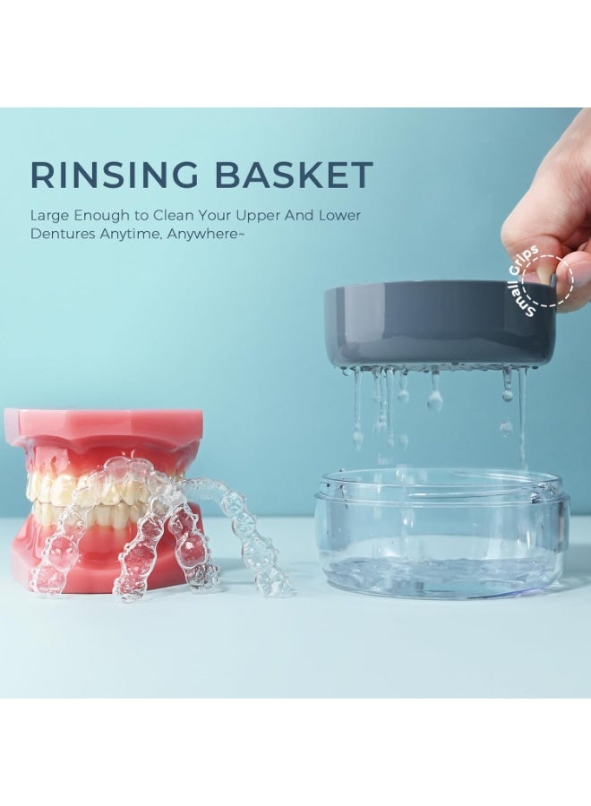 Denture Case, 2-in-1 Retainer Cleaner Case with Mirror & Strainer, Portable Aligner Bath Soaking Cup for Travel, Cute Orthodontic Storage Box for Mouth Guard, Night Guard & False Teeth, Blue - Image 2