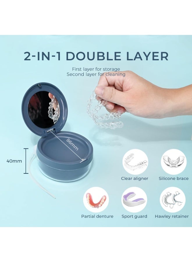 Denture Case, 2-in-1 Retainer Cleaner Case with Mirror & Strainer, Portable Aligner Bath Soaking Cup for Travel, Cute Orthodontic Storage Box for Mouth Guard, Night Guard & False Teeth, Blue - Image 3