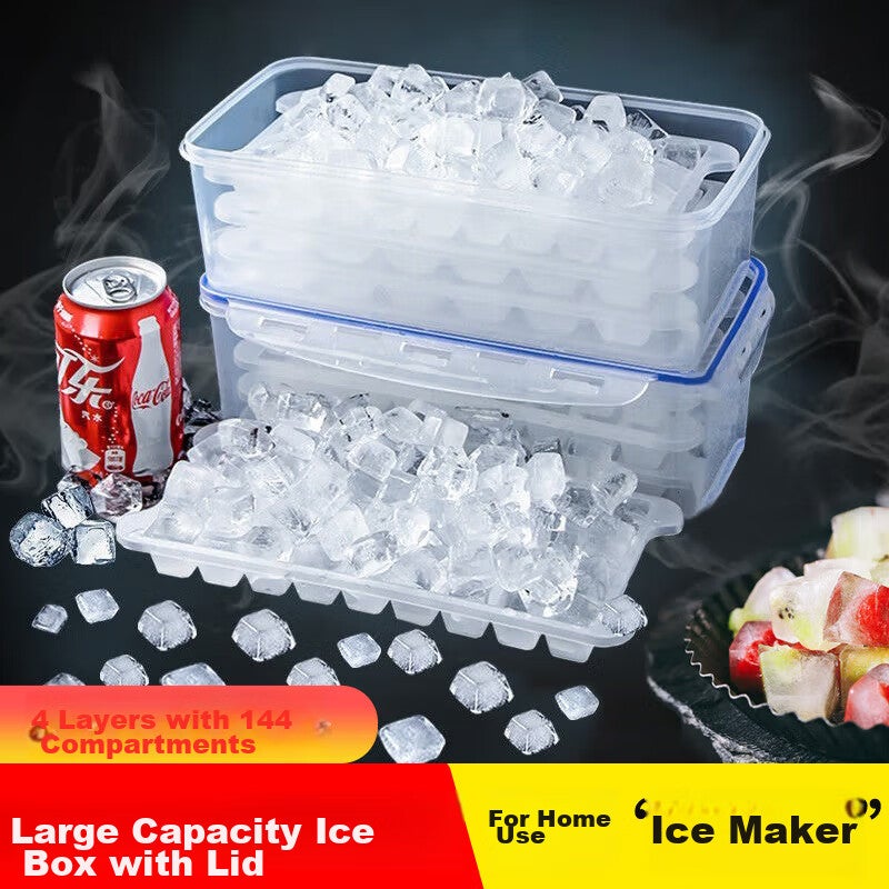 BJ Ice Cube Mold, Ice Tray, Ice Maker Box, Ice Cubes Storage Container, Ice Making Mold, 4 Layers with 144 Grids, Ice Making Tool - Image 1