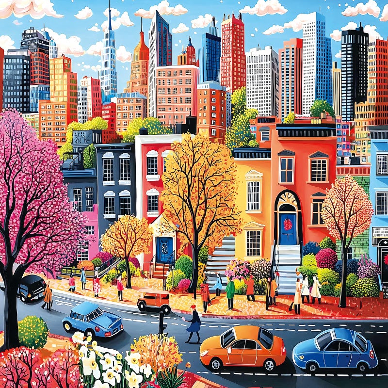 MINIWAN 500 Piece Jigsaw Puzzle for Adults Colorful Cityscape Urban Neighborhood with Cherry Blossoms Street Life 20x20 Inch Unique Art Puzzle Challenging Hard Difficult Puzzles for Adults - Image 3