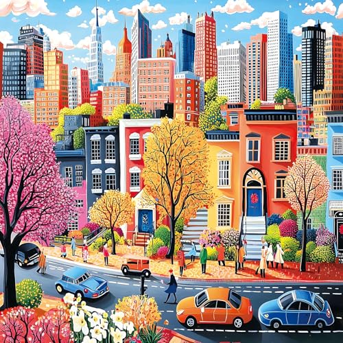 MINIWAN 500 Piece Jigsaw Puzzle for Adults Colorful Cityscape Urban Neighborhood with Cherry Blossoms Street Life 20x20 Inch Unique Art Puzzle Challenging Hard Difficult Puzzles for Adults - Image 1