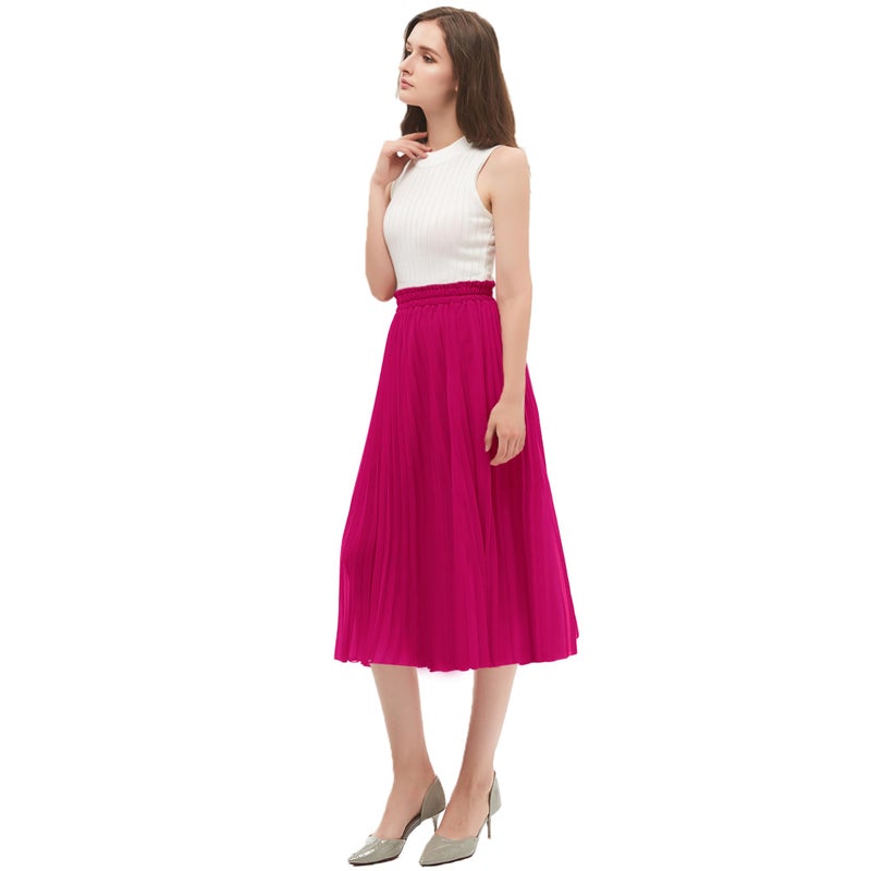 GOOBGS Women's Pleated A-Line High Waist Swing Flare Midi Skirt Fuchsia Small/Medium - Image 3