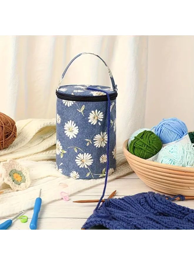 Blue Daisy Yarn Storage Bag With Handle Durable Organizer For Crochet Knitting Supplies - Image 2