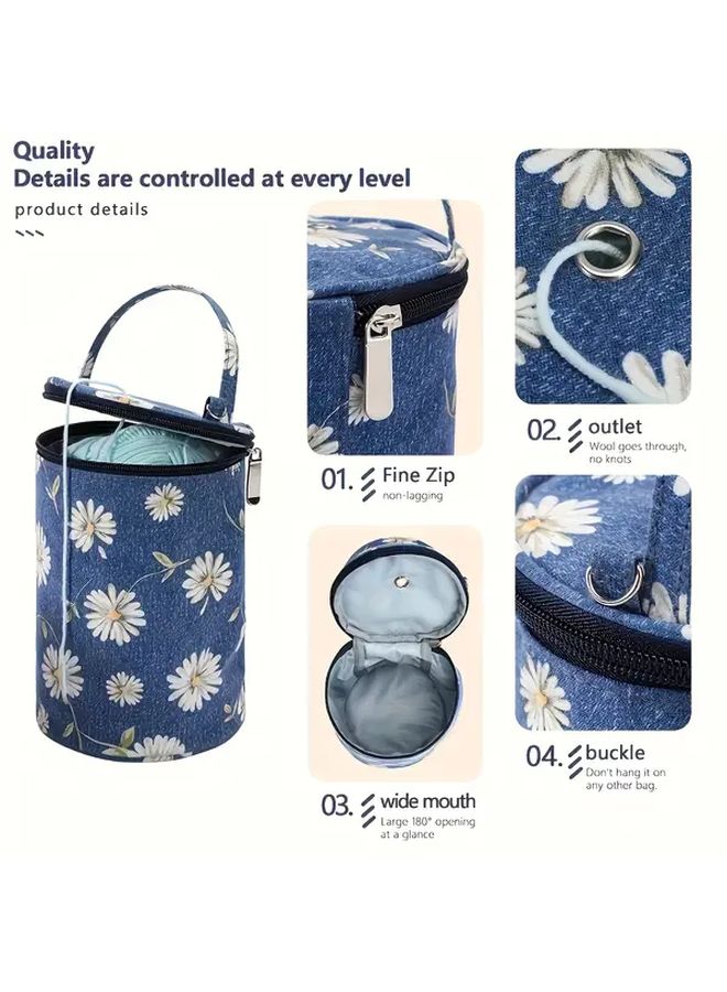 Blue Daisy Yarn Storage Bag With Handle Durable Organizer For Crochet Knitting Supplies - Image 1