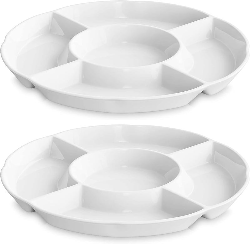LAUCHUH Veggie Tray Set of 2, Porcelain Chip & Dip Serving Set Divided Serving Platter White Serving Tray for Party, Fruits, Veggies, Candy, Snack, Dessert, 12 inch - Image 1
