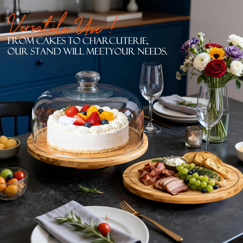 Masthome Bamboo Christmas Cake Stand with Lid, Rotating Cake Holder with Dome, Dessert Table Display Set with Clear Cover, BPA Free Cake Plate with Cover for Birthday/Kitchen/Party/Charcuterie - Image 3