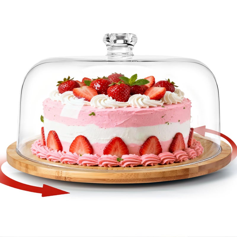 Masthome Bamboo Christmas Cake Stand with Lid, Rotating Cake Holder with Dome, Dessert Table Display Set with Clear Cover, BPA Free Cake Plate with Cover for Birthday/Kitchen/Party/Charcuterie - Image 1